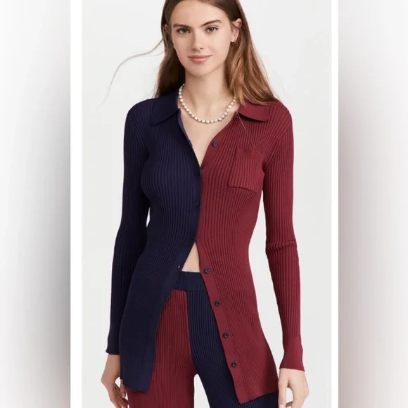 Staud Top Colorblock Ribbed Knit Shirt | Navy & Brick Red NTW - Picture 2 of 8
